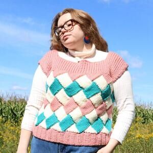 Handmade Knit Woven Pink and Blue Pastel Sweater Vest, XL